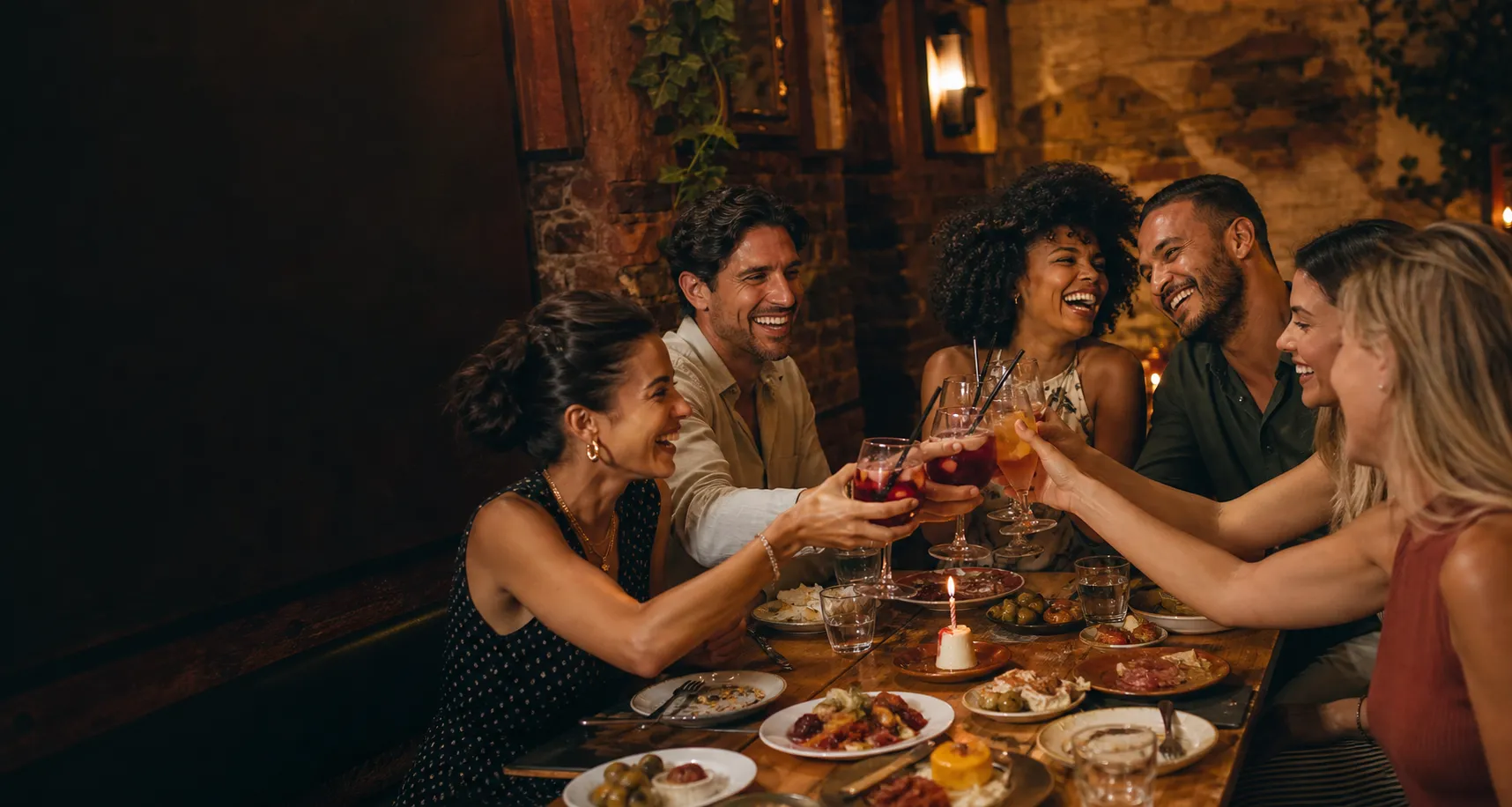 Vrienden vieren een verjaardag met tapas en cocktails